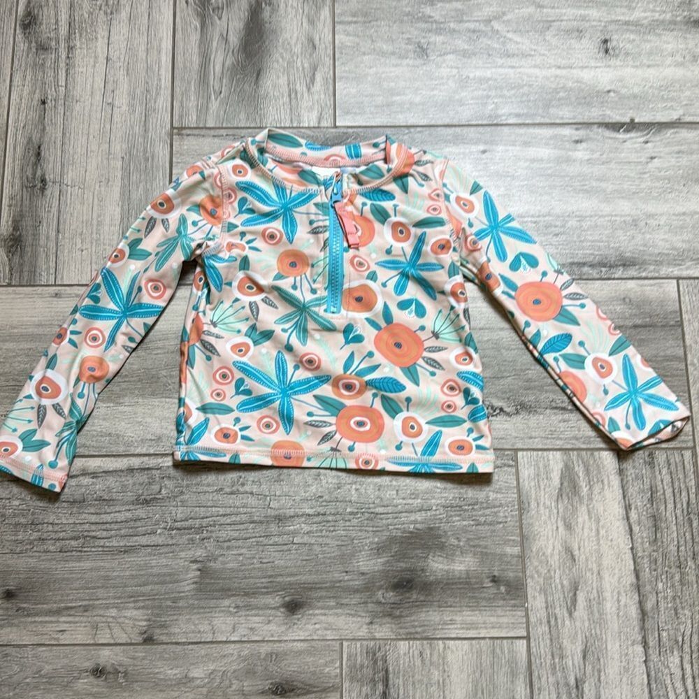 Ruffle Butts Girls Seaside Floral Swim Quarter Zip  Long Sleeve Rash Guard 3T